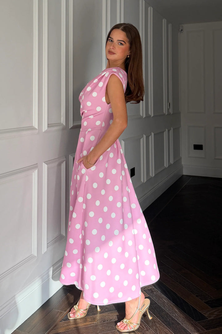 Betty Pink Polka Dot Asymmetric Neckline Skater Midi Dress With Pockets