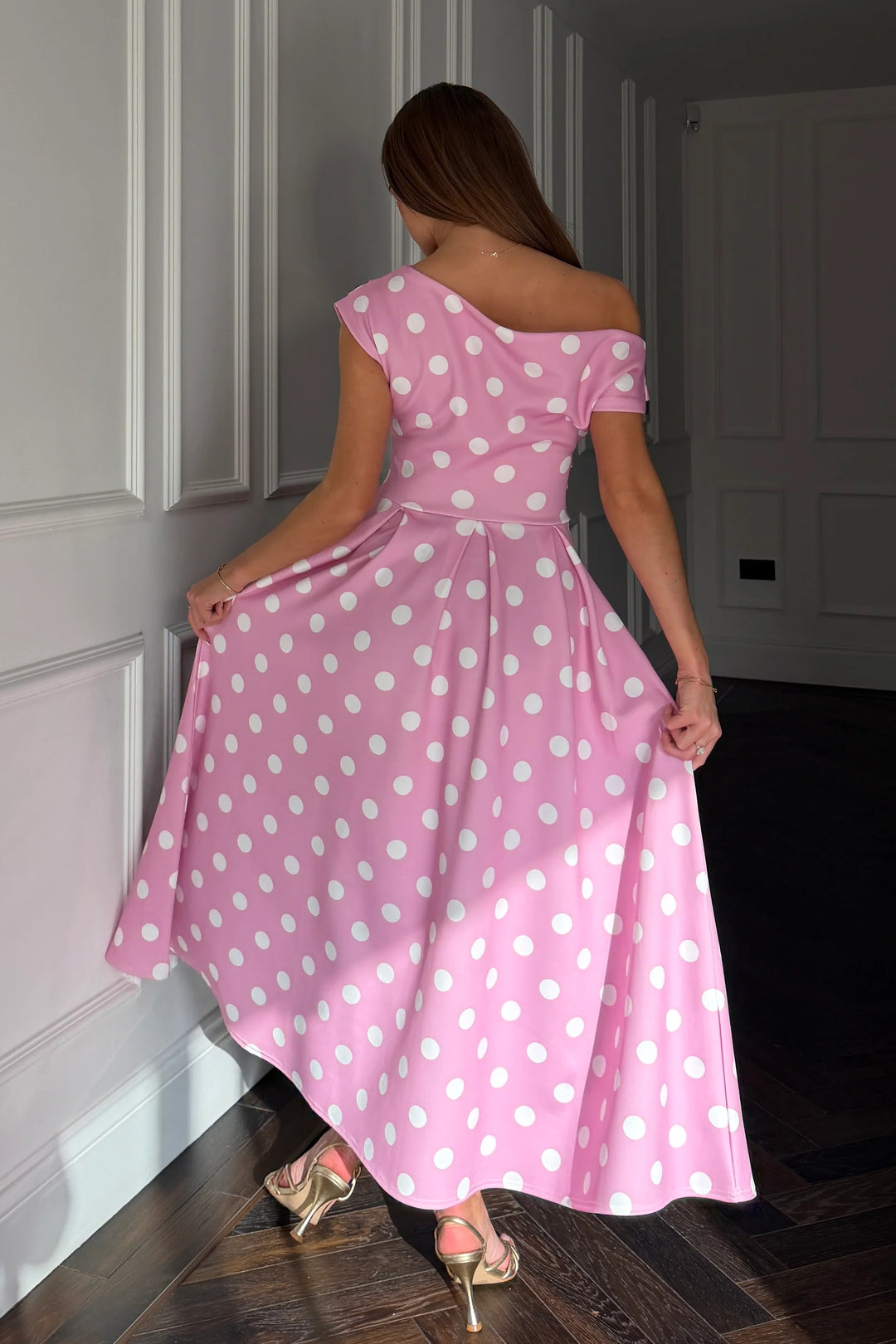 Betty Pink Polka Dot Asymmetric Neckline Skater Midi Dress With Pockets