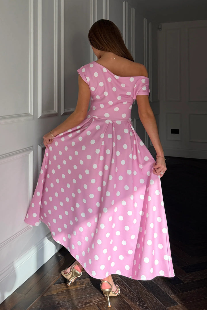 Betty Pink Polka Dot Asymmetric Neckline Skater Midi Dress With Pockets