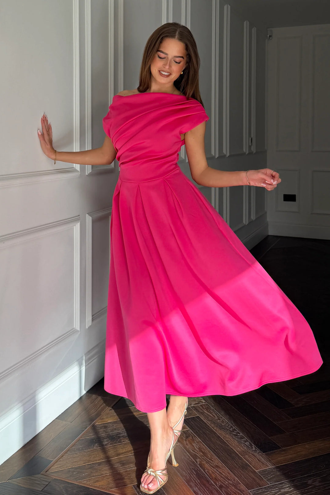 Betty Hot Pink Asymmetric Neckline Skater Midi Dress With Pockets