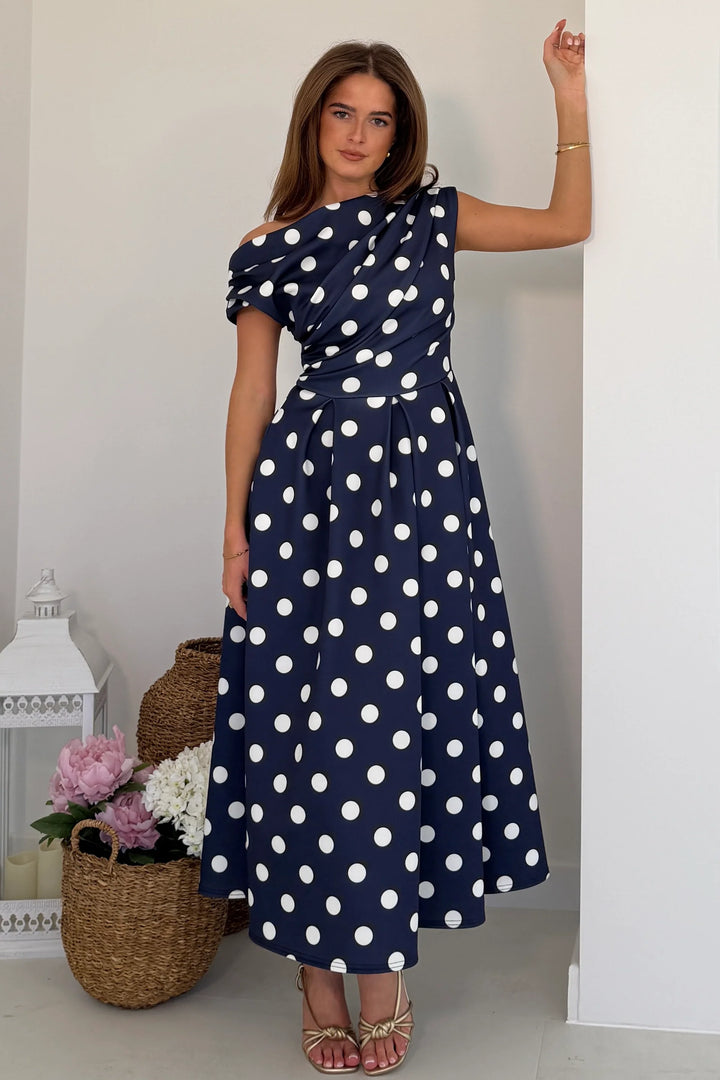 Betty Navy Polka Dot Asymmetric Neckline Skater Maxi Dress With Pockets