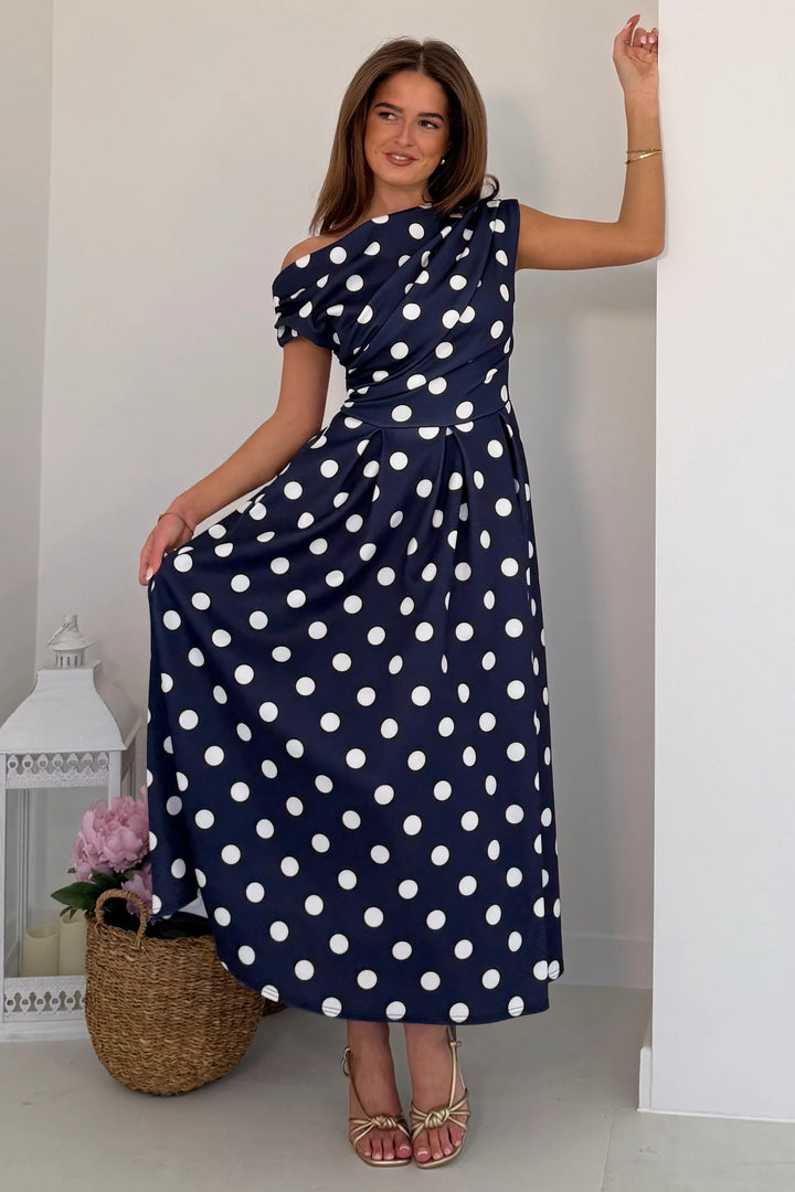 Betty Navy Polka Dot Asymmetric Neckline Skater Maxi Dress With Pockets