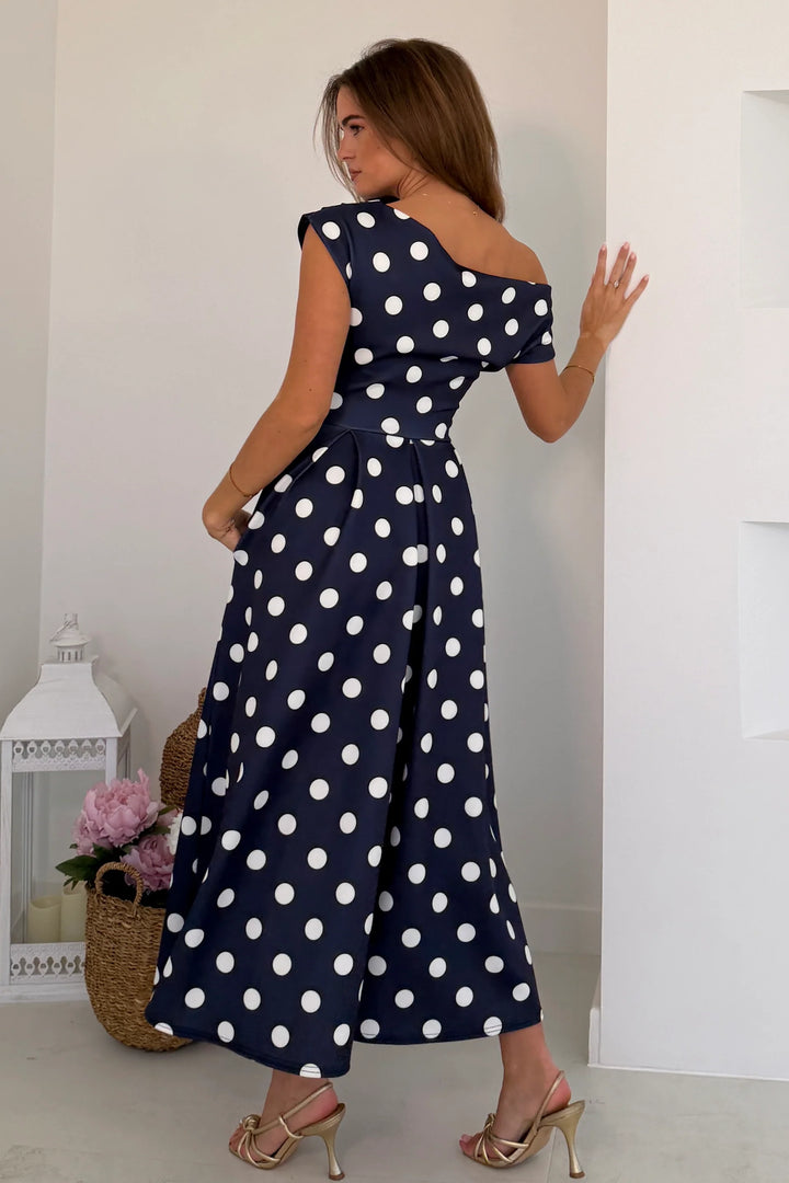 Betty Navy Polka Dot Asymmetric Neckline Skater Maxi Dress With Pockets