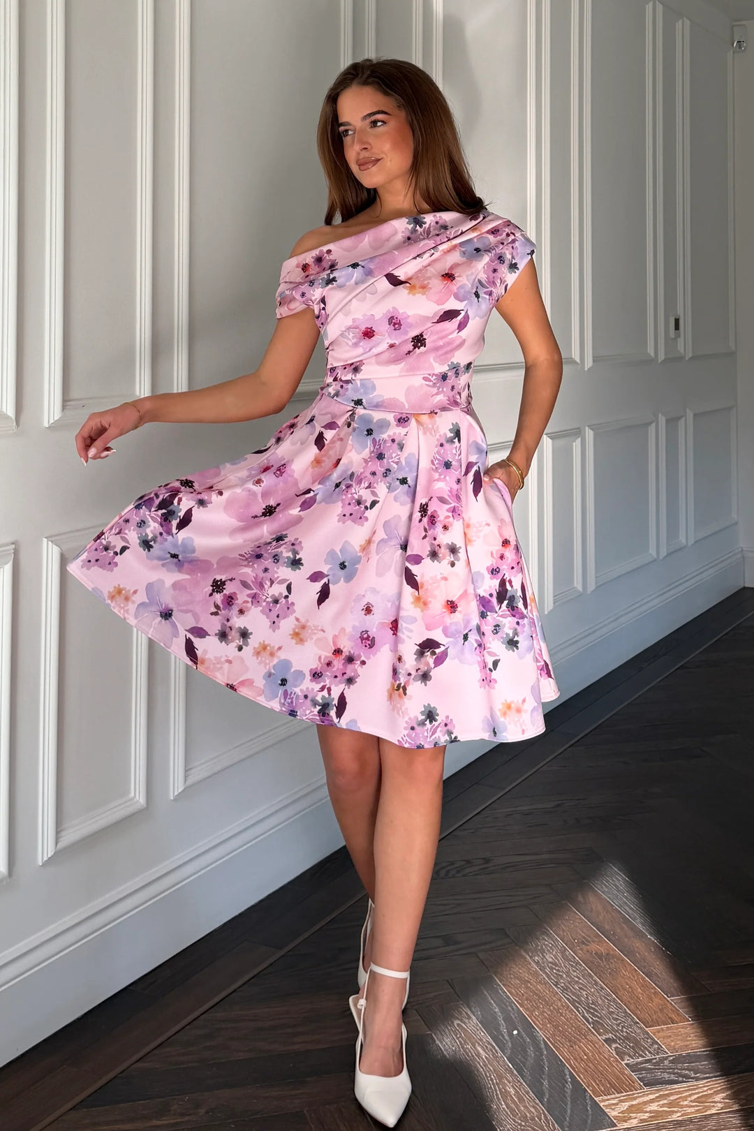 Betty Lilac Floral Asymmetric Neckline Skater Mini Dress With Pockets