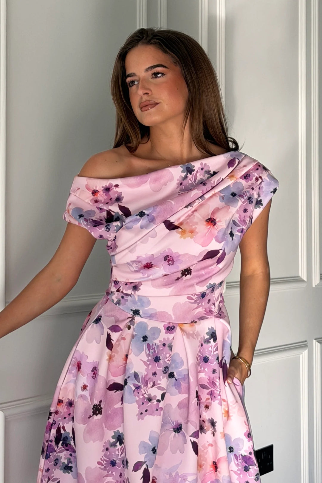 Betty Lilac Floral Asymmetric Neckline Skater Mini Dress With Pockets