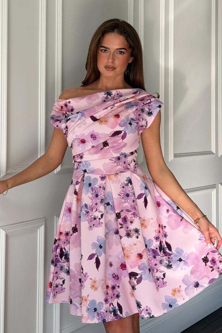 Betty Lilac Floral Asymmetric Neckline Skater Mini Dress With Pockets