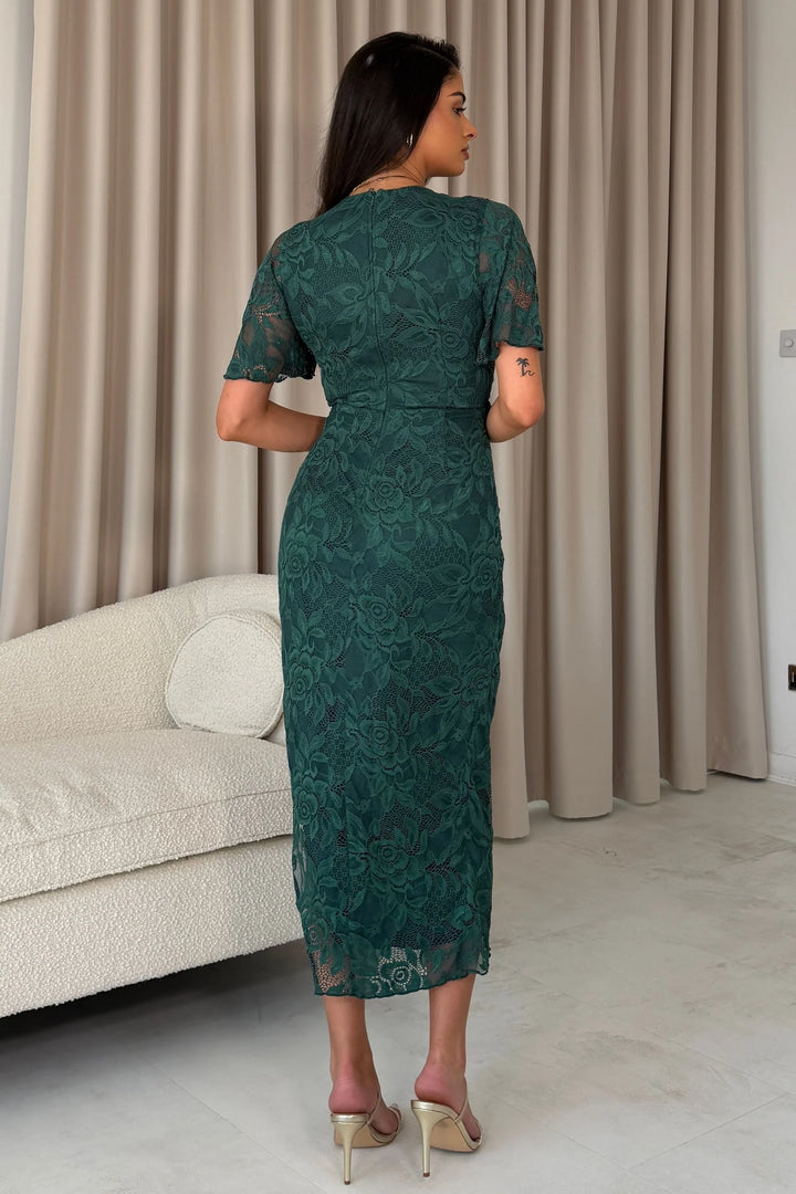 Natasha Green Lace Angel Sleeve Chiffon Wrap Midi Dress