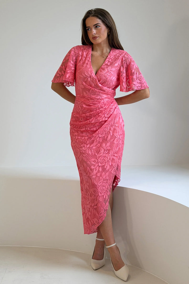 Natasha Pink Lace Angel Sleeve Chiffon Wrap Midi Dress