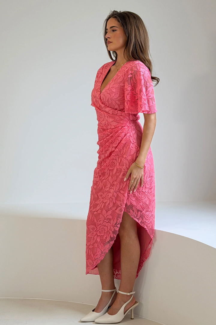 Natasha Pink Lace Angel Sleeve Chiffon Wrap Midi Dress