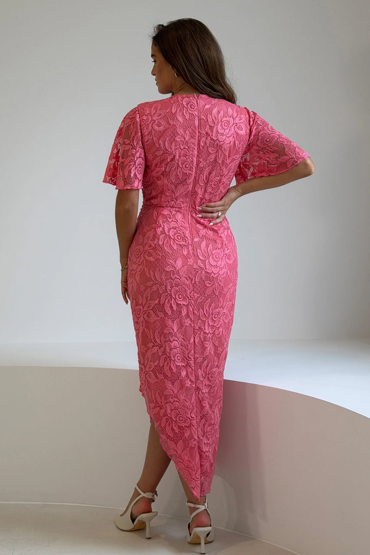 Natasha Pink Lace Angel Sleeve Chiffon Wrap Midi Dress