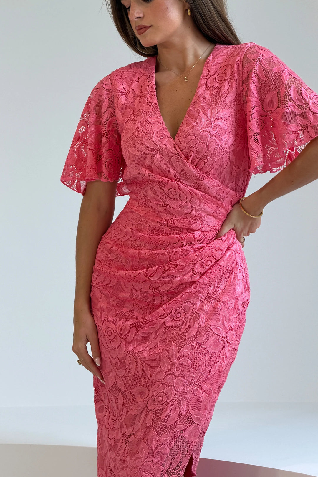 Natasha Pink Lace Angel Sleeve Chiffon Wrap Midi Dress
