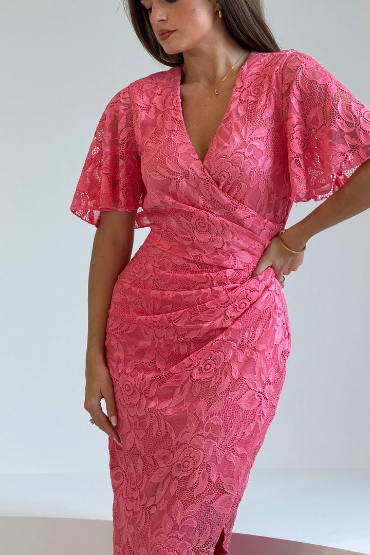 Natasha Pink Lace Angel Sleeve Chiffon Wrap Midi Dress