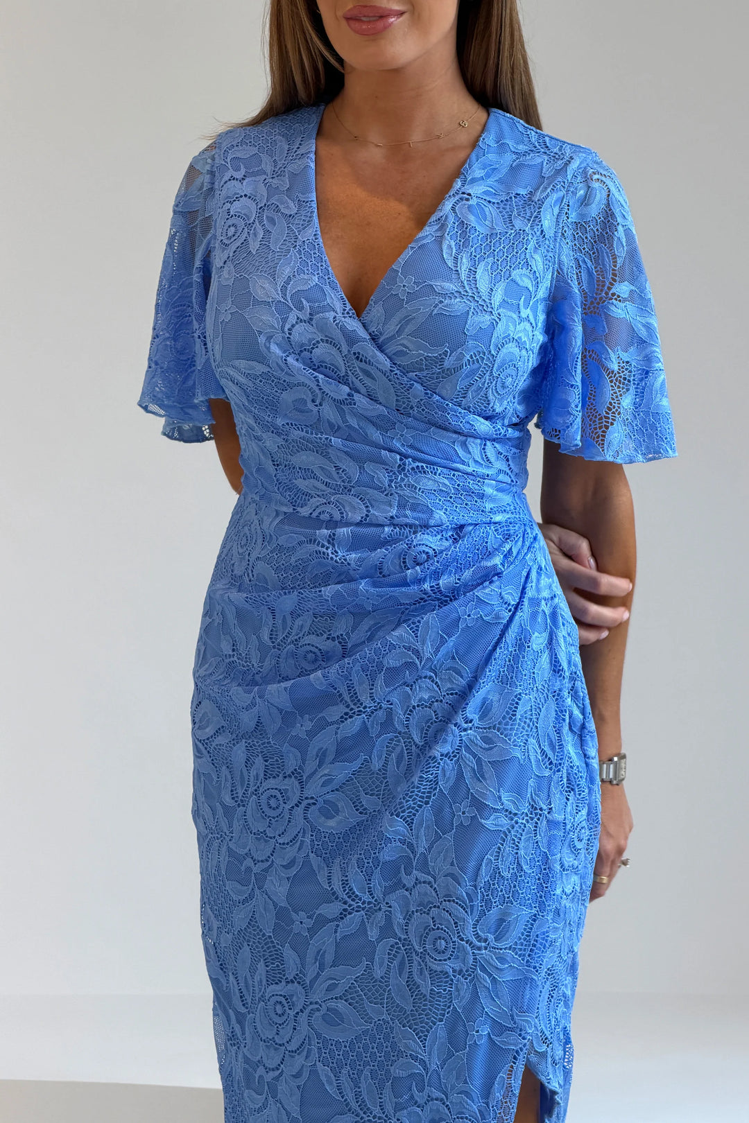 Natasha Blue Lace Angel Sleeve Chiffon Wrap Midi Dress
