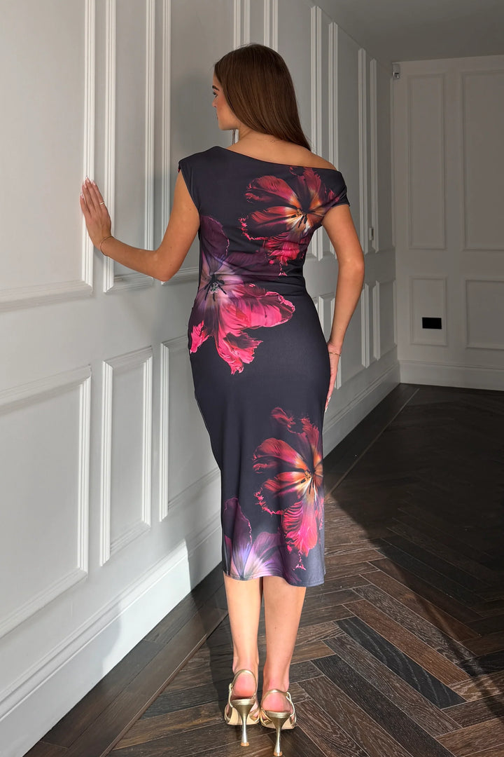 Ariana Black & Pink Floral Asymmetric Neckline Bodycon Midi Dress