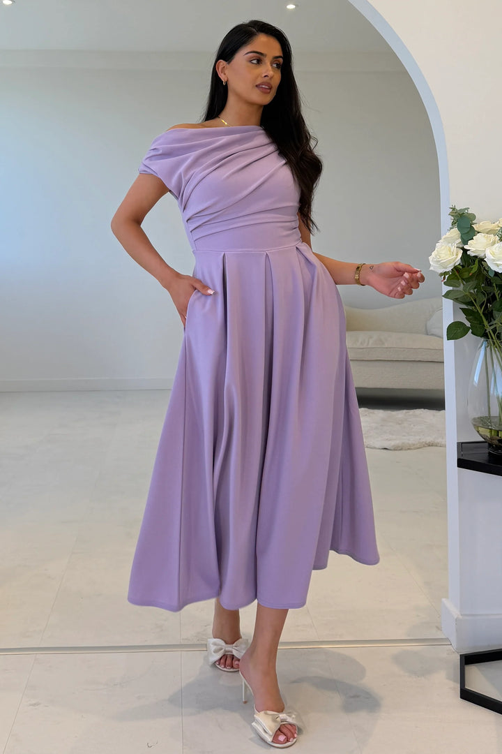 Dollie Lilac Asymmetric Neckline Skater Midi Dress With Pockets