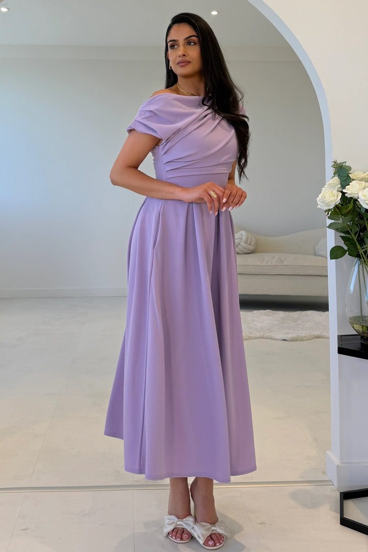 Dollie Lilac Asymmetric Neckline Skater Midi Dress With Pockets