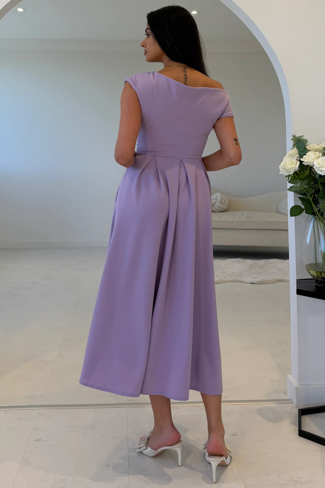 Dollie Lilac Asymmetric Neckline Skater Midi Dress With Pockets