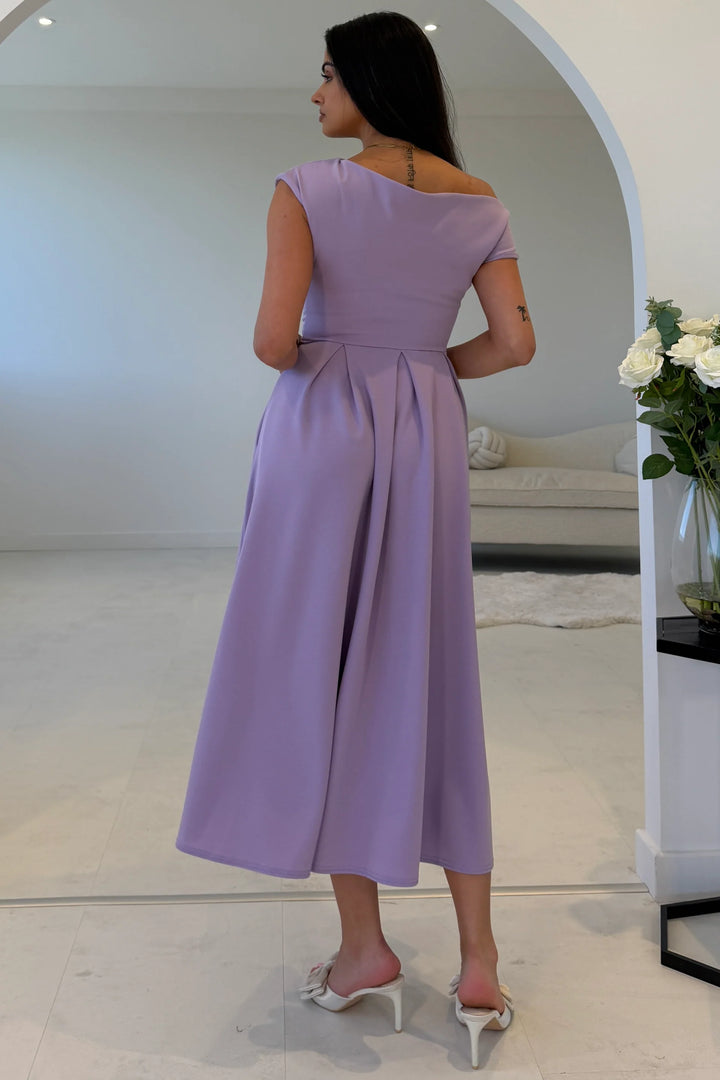 Dollie Lilac Asymmetric Neckline Skater Midi Dress With Pockets