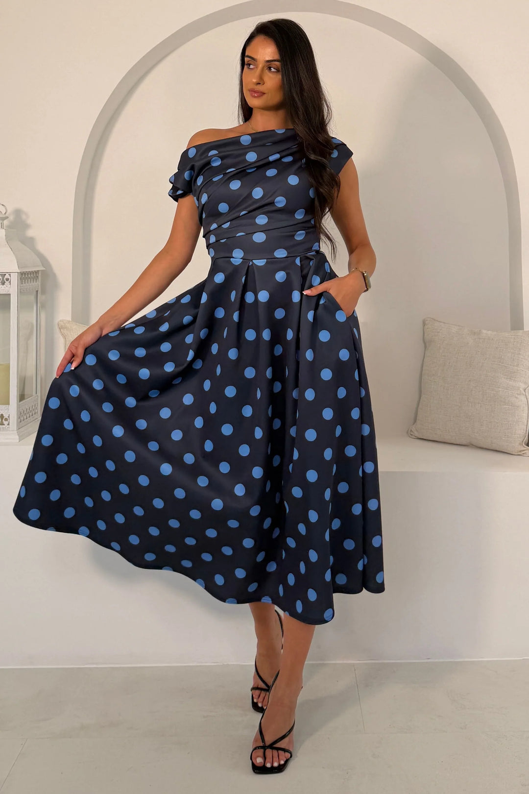 Betty Navy & Blue Polka Dot Asymmetric Neckline Skater Maxi Dress With Pockets