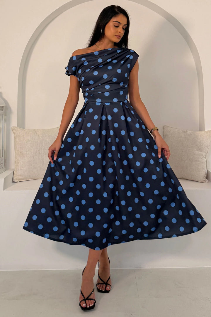 Betty Navy & Blue Polka Dot Asymmetric Neckline Skater Maxi Dress With Pockets
