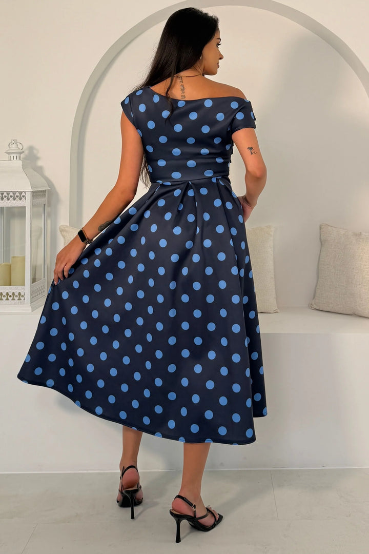 Betty Navy & Blue Polka Dot Asymmetric Neckline Skater Maxi Dress With Pockets