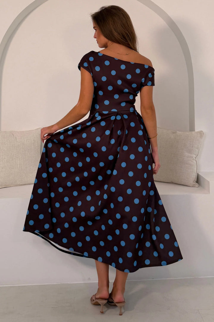 Betty Brown & Blue Polka Dot Asymmetric Neckline Skater Maxi Dress With Pockets