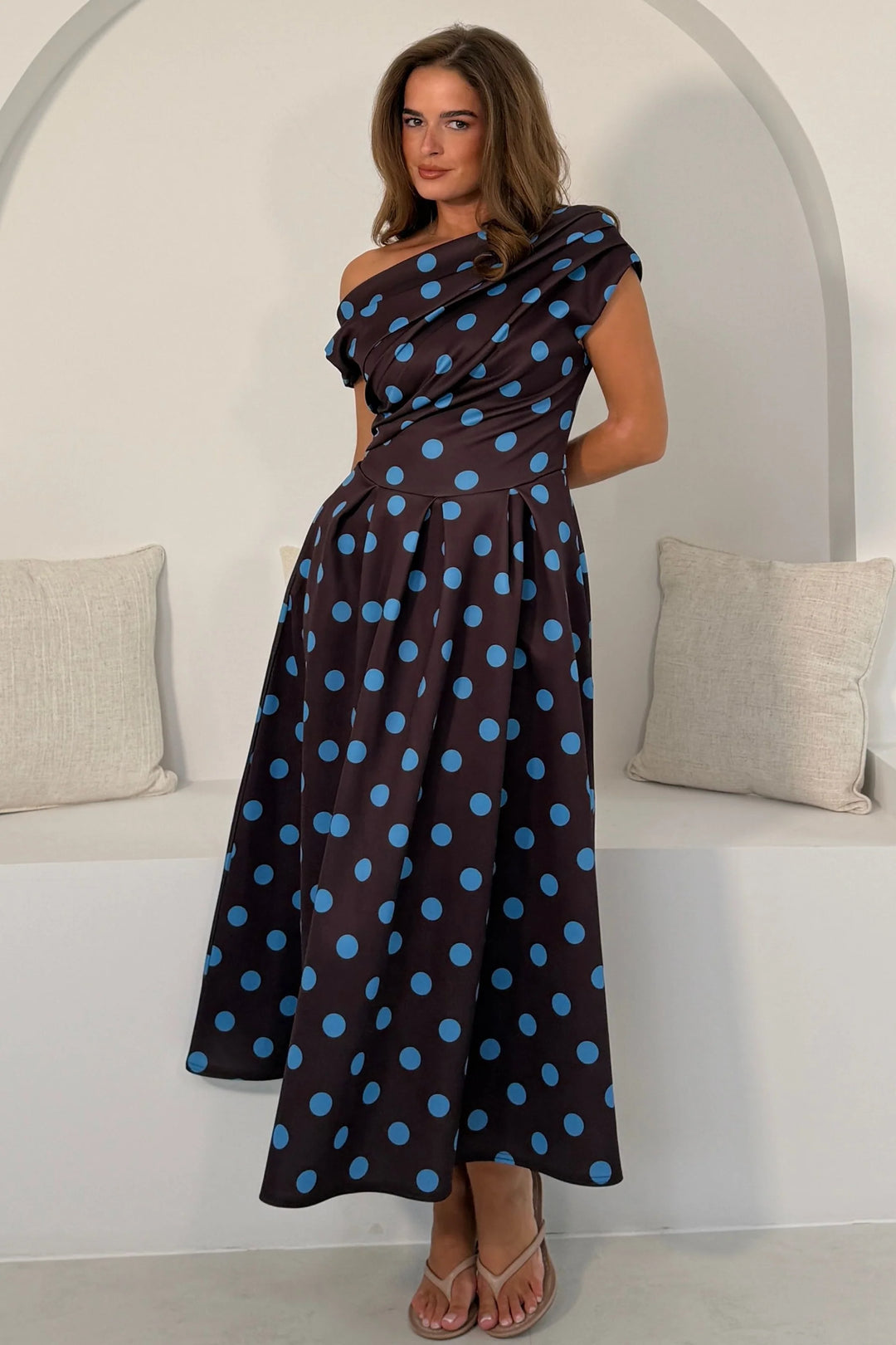 Betty Brown & Blue Polka Dot Asymmetric Neckline Skater Maxi Dress With Pockets