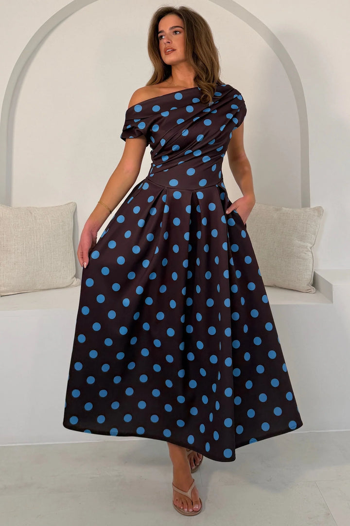 Betty Brown & Blue Polka Dot Asymmetric Neckline Skater Maxi Dress With Pockets