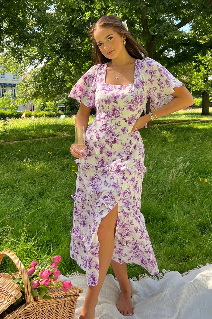 Sicily Purple Floral Frill Angel Sleeve Maxi Dress