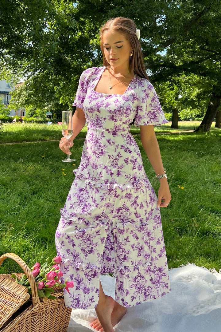 Sicily Purple Floral Frill Angel Sleeve Maxi Dress