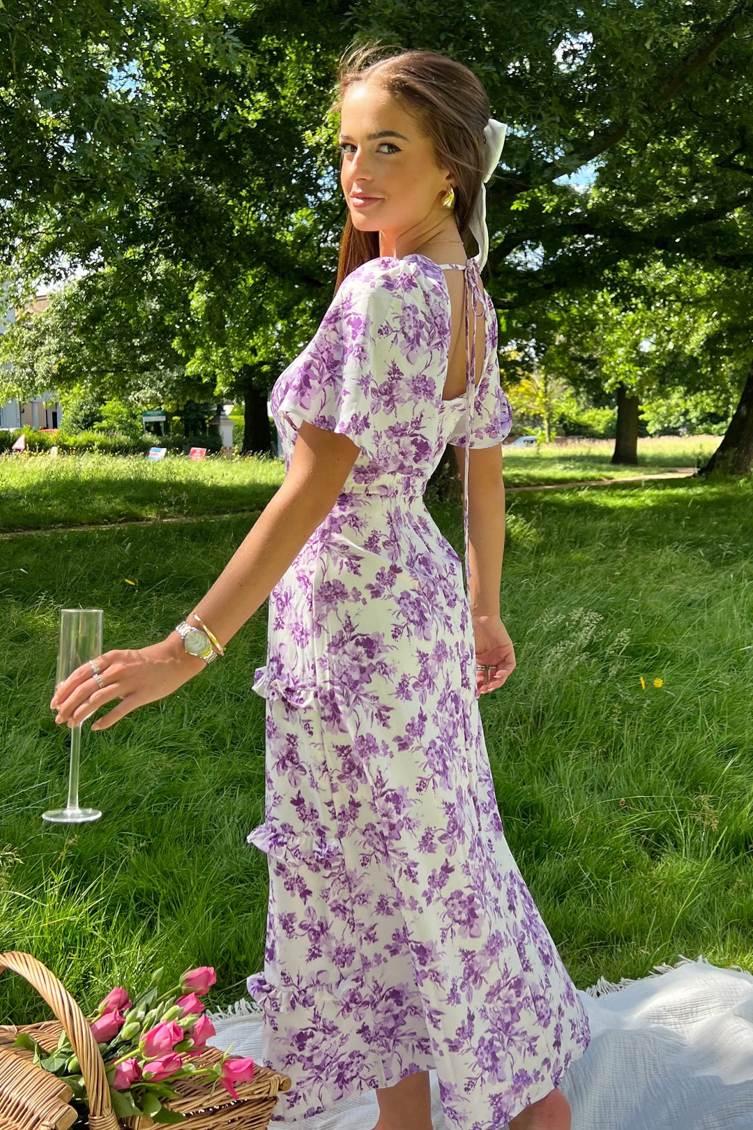 Sicily Purple Floral Frill Angel Sleeve Maxi Dress