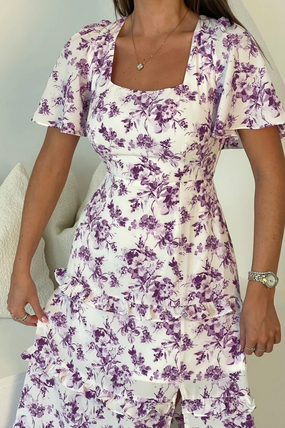 Sicily Purple Floral Frill Angel Sleeve Maxi Dress