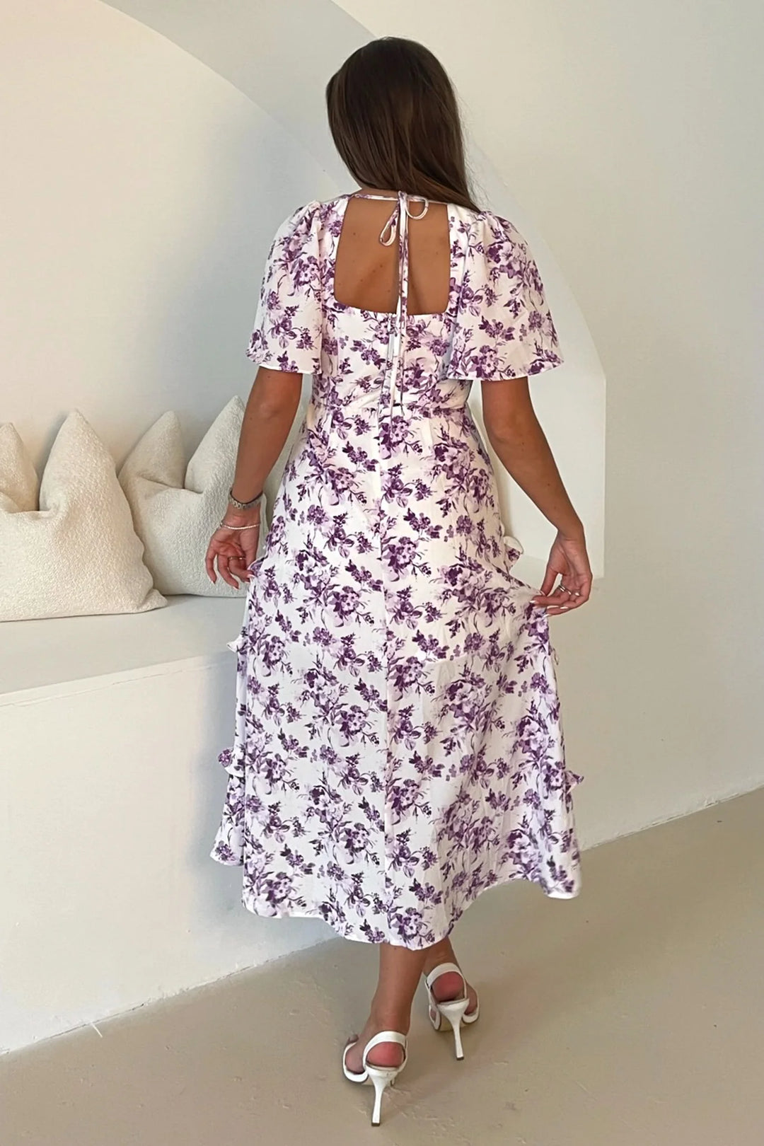 Sicily Purple Floral Frill Angel Sleeve Maxi Dress