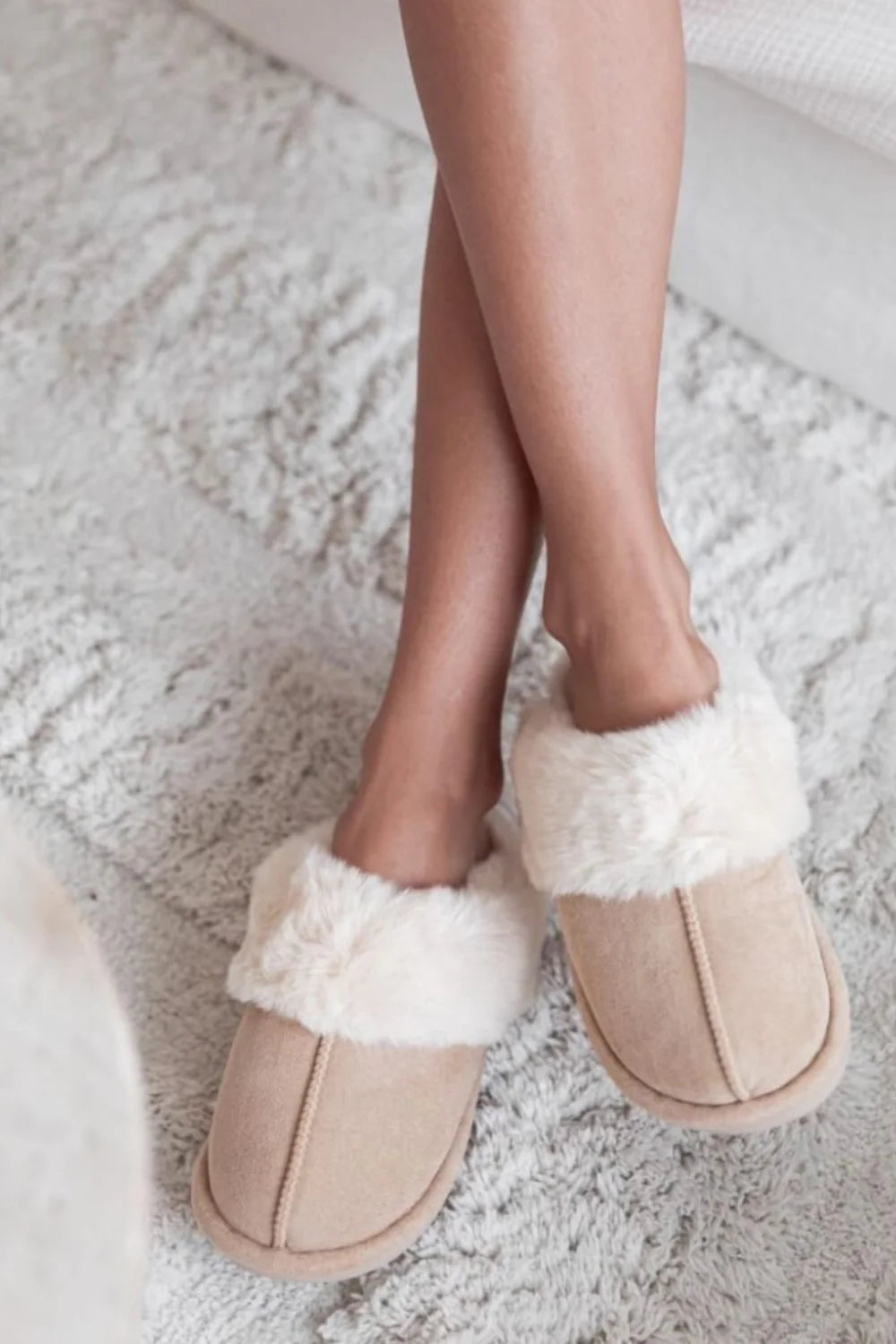 Cream Suede Effect Faux Fur Lined Slip-on Mule Slippers