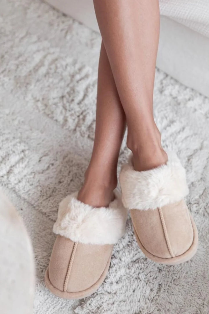 Cream Suede Effect Faux Fur Lined Slip-on Mule Slippers