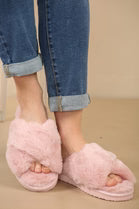Pink Cross Strap Faux Fur Slippers