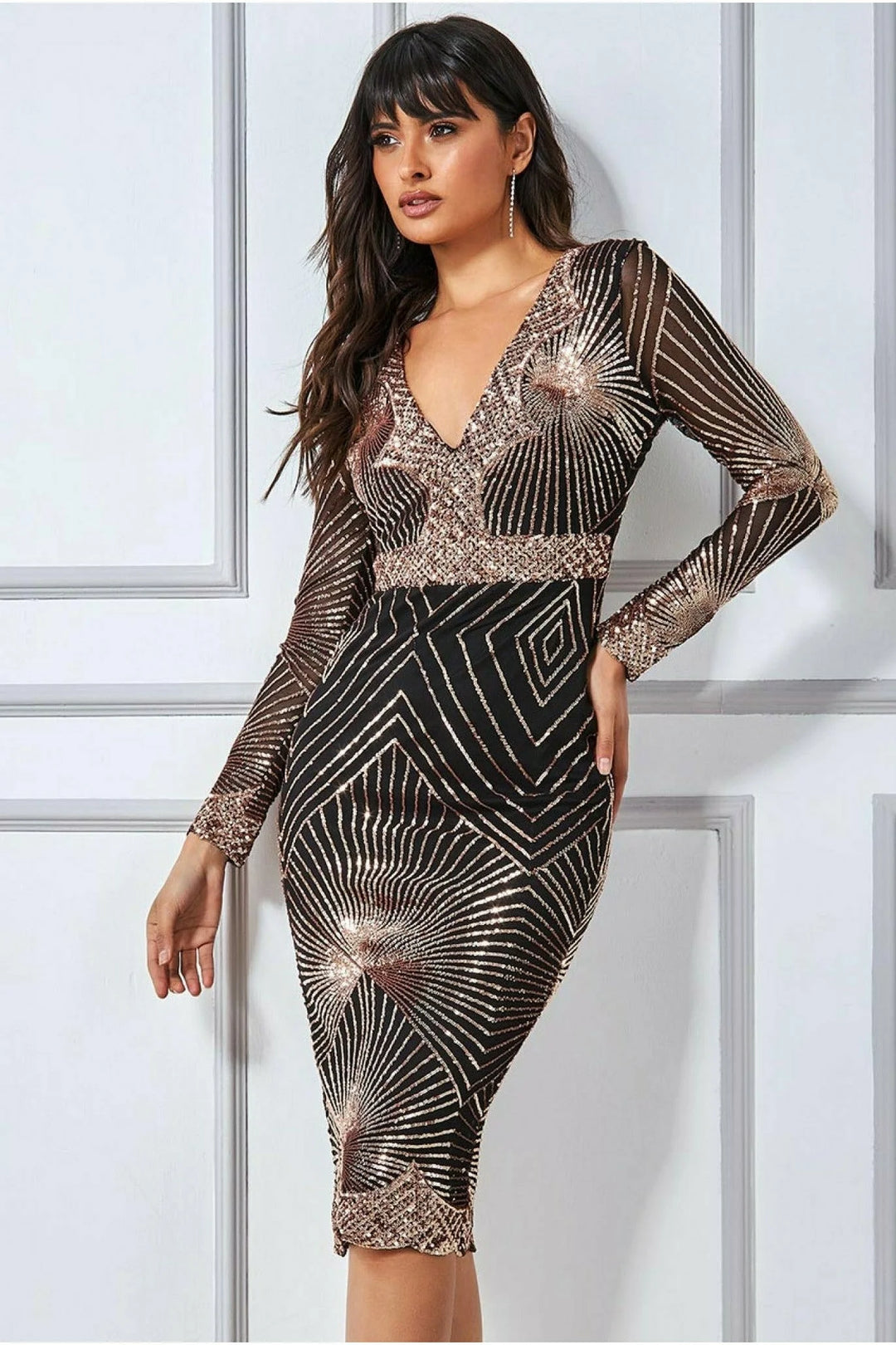 Starburst Rose Gold Long Sleeve Sequin Bodycon Midi Dress