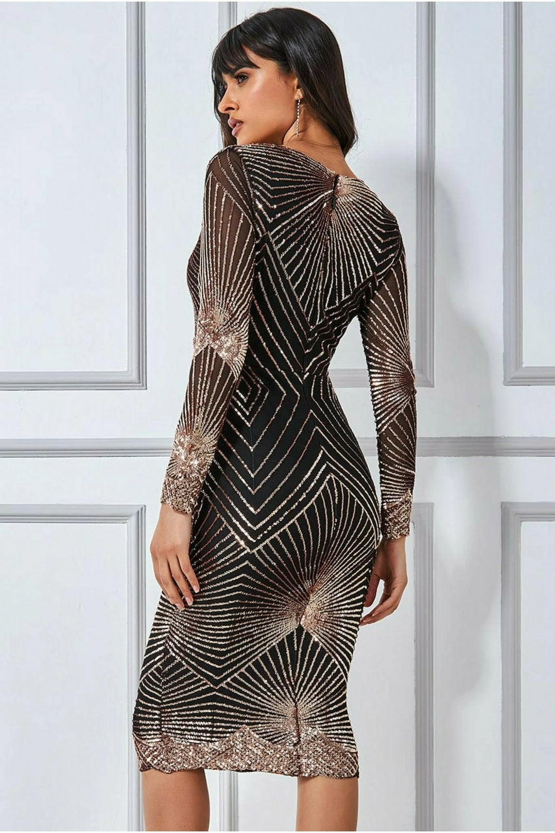 Starburst Rose Gold Long Sleeve Sequin Bodycon Midi Dress - BY GODDIVA