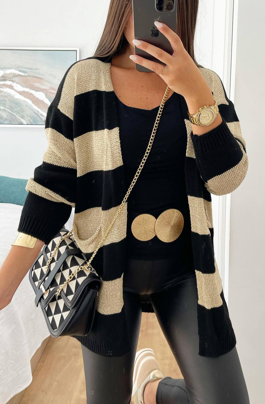 Ivy Black & Gold Shimmer Stripe Knitted Cardigan
