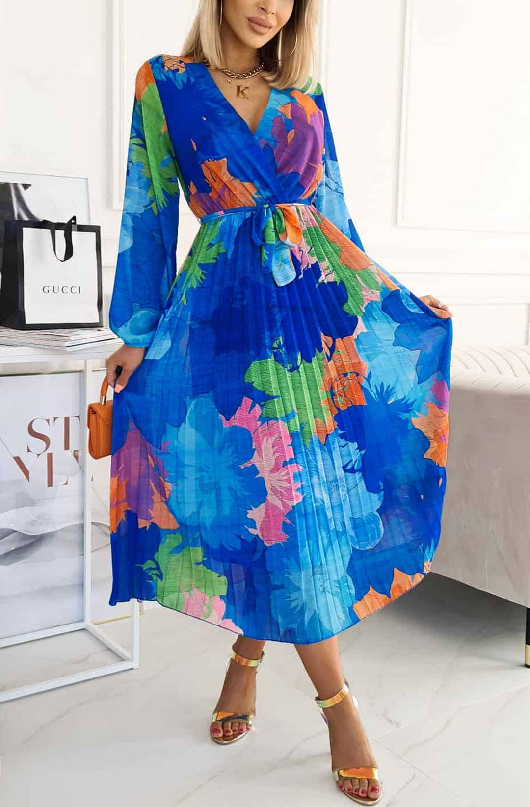 Casey Blue Floral Chiffon Long Sleeve Belted Pleated Maxi Dress - 2 LENGTHS