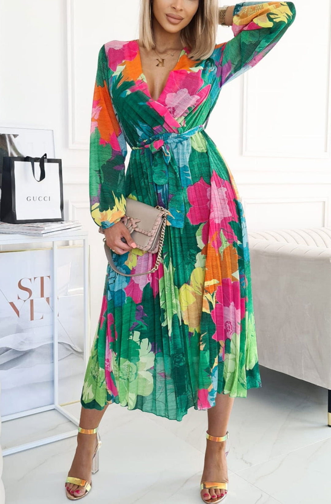 Casey Green Floral Chiffon Long Sleeve Belted Pleated Maxi Dress - 2 LENGTHS