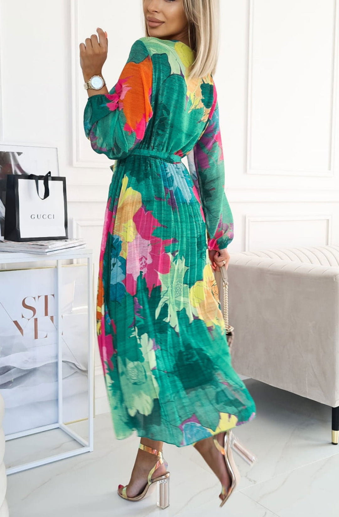 Casey Green Floral Chiffon Long Sleeve Belted Pleated Maxi Dress - 2 LENGTHS