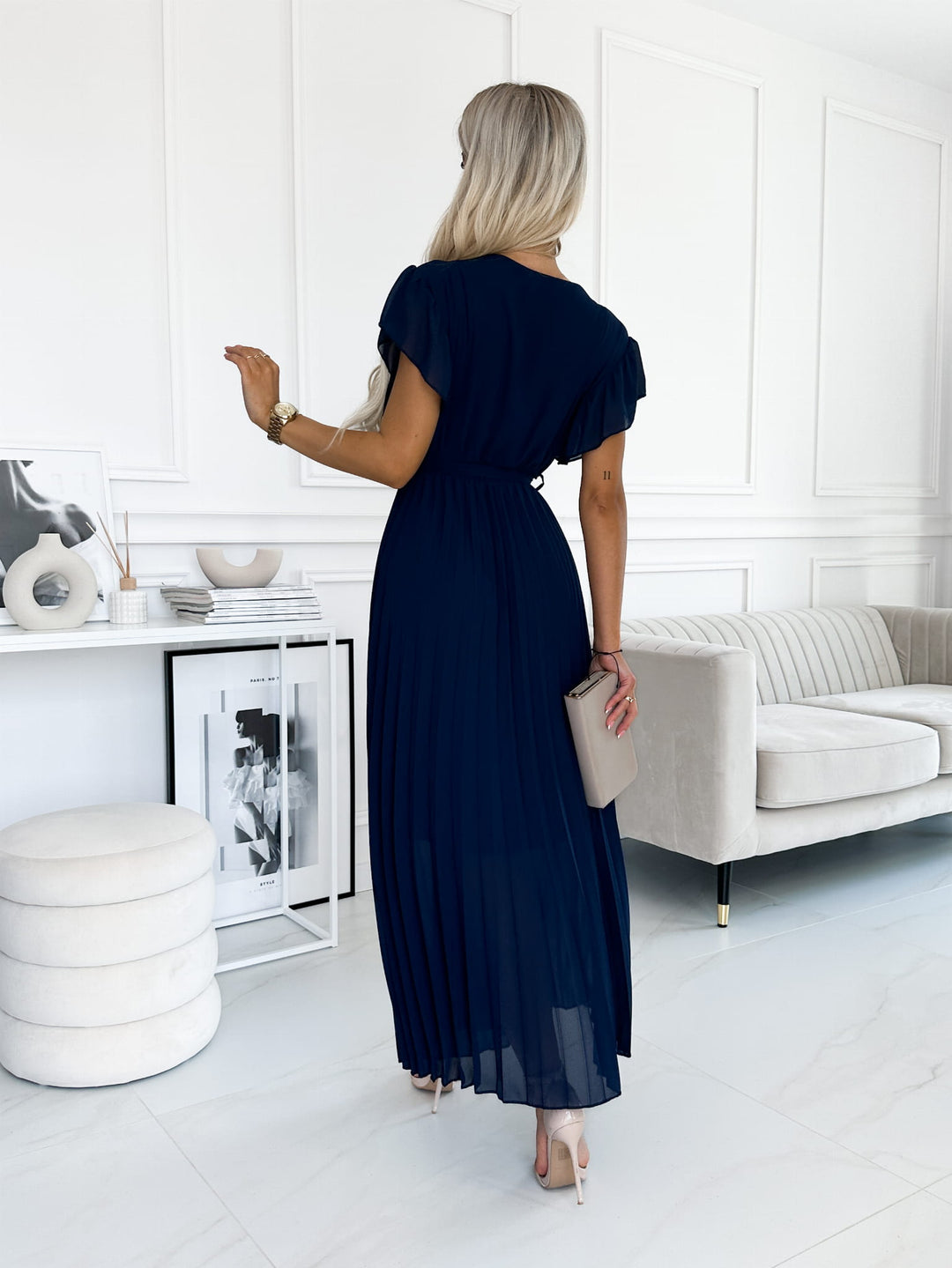 Amalfi Coast Navy Chiffon Short Sleeve Pleated Belted Maxi Dress