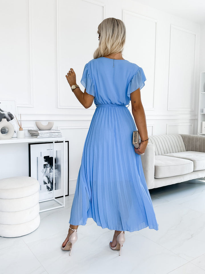Amalfi Coast Light Blue Chiffon Short Sleeve Pleated Belted Maxi Dress