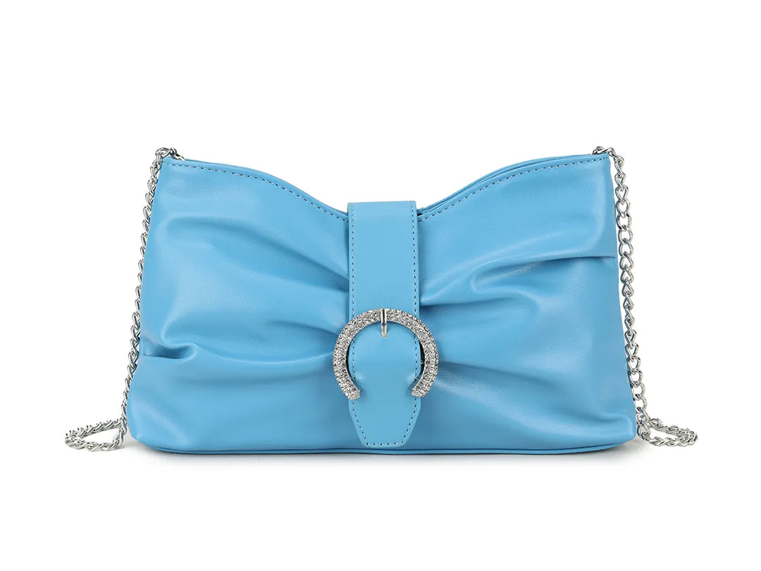 Zena Blue Faux Leather Diamante Buckle Cross Body Shoulder Clutch Bag