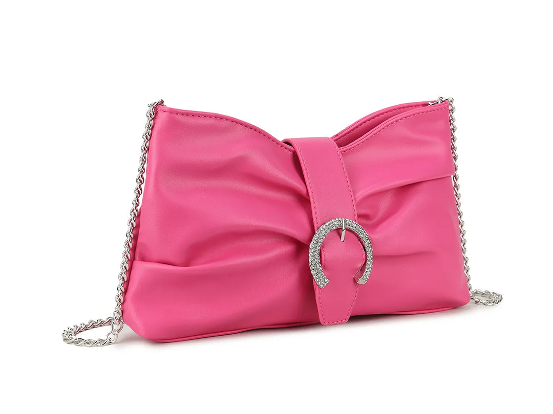 Zena Hot Pink Faux Leather Diamante Buckle Cross Body Shoulder Clutch Bag