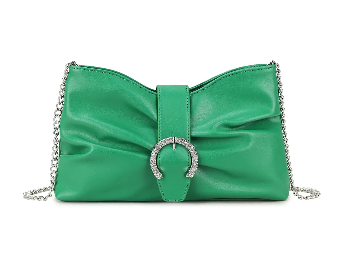 Zena Green Faux Leather Diamante Buckle Cross Body Shoulder Clutch Bag