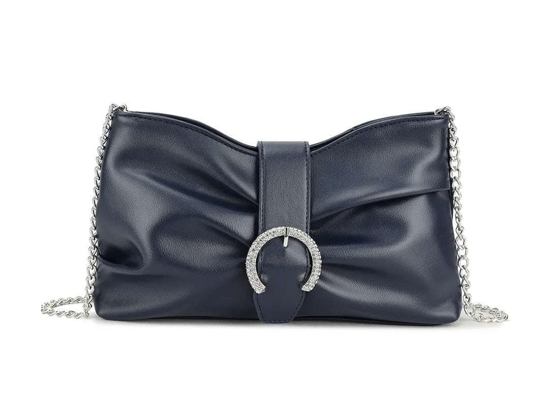 Zena Navy Faux Leather Diamante Buckle Cross Body Shoulder Clutch Bag