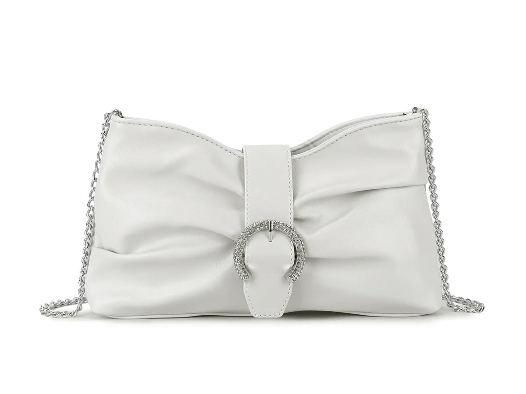 Zena White Faux Leather Diamante Buckle Cross Body Shoulder Clutch Bag
