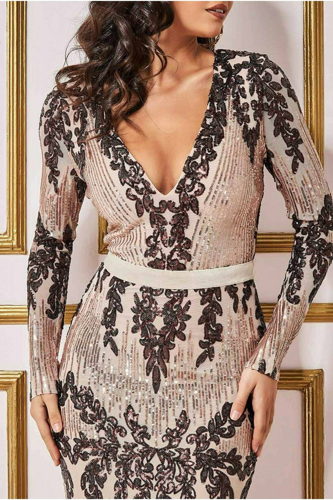 Too Glam Long Sleeve Sequin Champagne Bodycon Maxi Dress